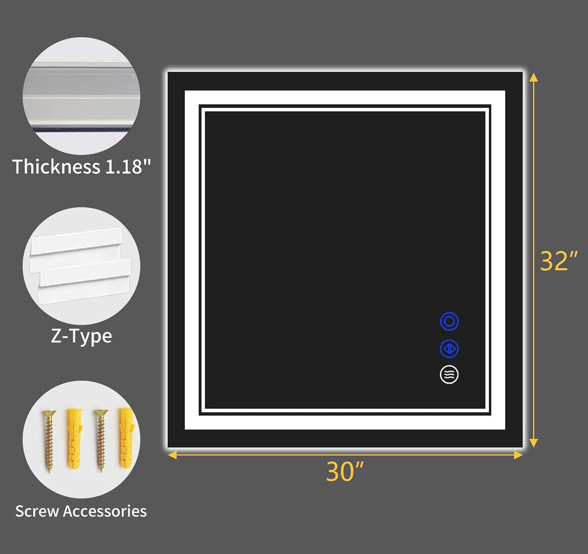 30"x22" LED Bathroom Mirror with Lights,Anti-Fog,3 Color Modes - Colors B