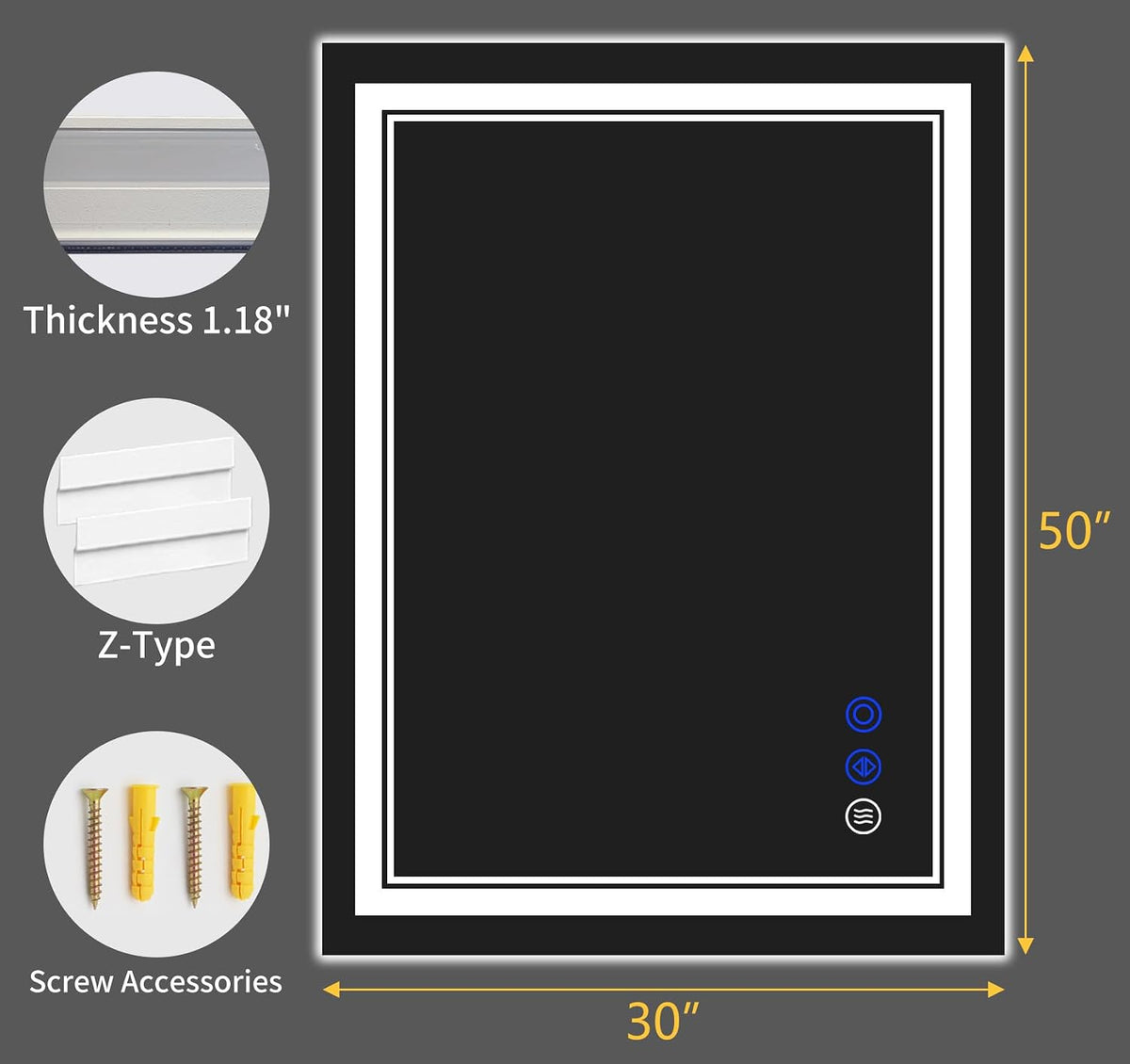 30"x22" LED Bathroom Mirror with Lights,Anti-Fog,3 Color Modes - Colors B