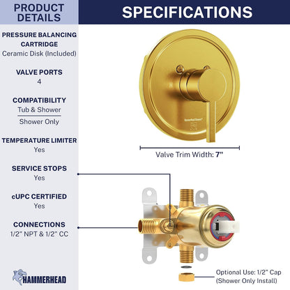 Solid Metal Single-Handle Trim Kit with Rough-In Shower Valve, Volume and Temperature Control, Pressure Balance, Chrome