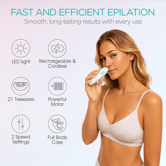 Epilators Hair Removal for Women with LED Light for Body Face, HR110 | for Arms, Legs, Face & Bikini Epilator, Cordless and Rechargeable Razor Hair Remover with 21 Tweezers, 2 Speeds, Purple