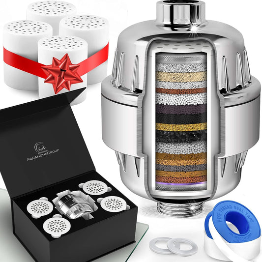 20 Stage Shower Filter with Vitamin C E and A - Reduces Chlorine, Heavy Metals and Sediment - 5 Cartridges Included - High Pressure - Universal Fit