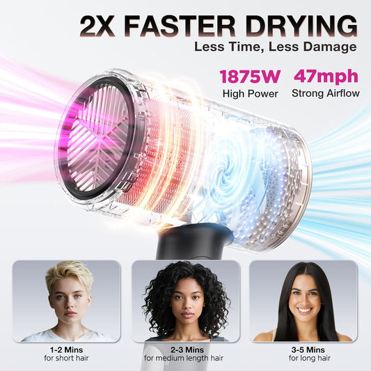 1875W Diffuser Hair Dryer, Ionic Foldable Blow Dryer, Pink | Fast Drying Hair dryer for Curly & All Hair Types, 3 Heat & 2 Speed, Concentrator & Diffuser, Compact & Portable, Women