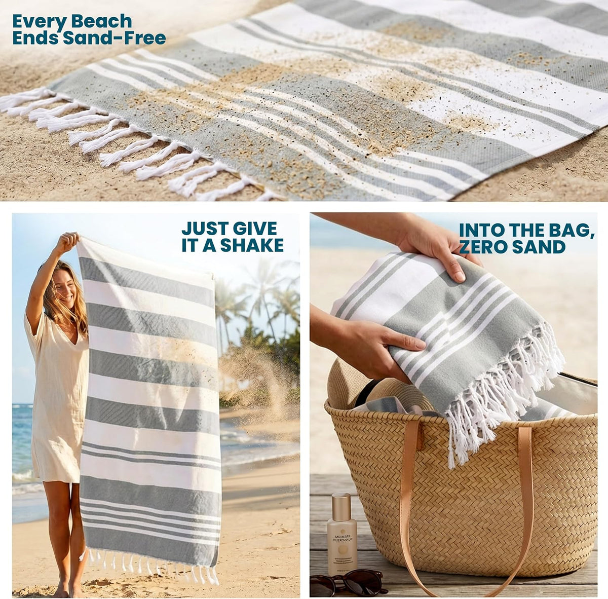 4 Pack Turkish Beach Towels, 40x72 in, 100% Cotton, Soft, Cool Grey