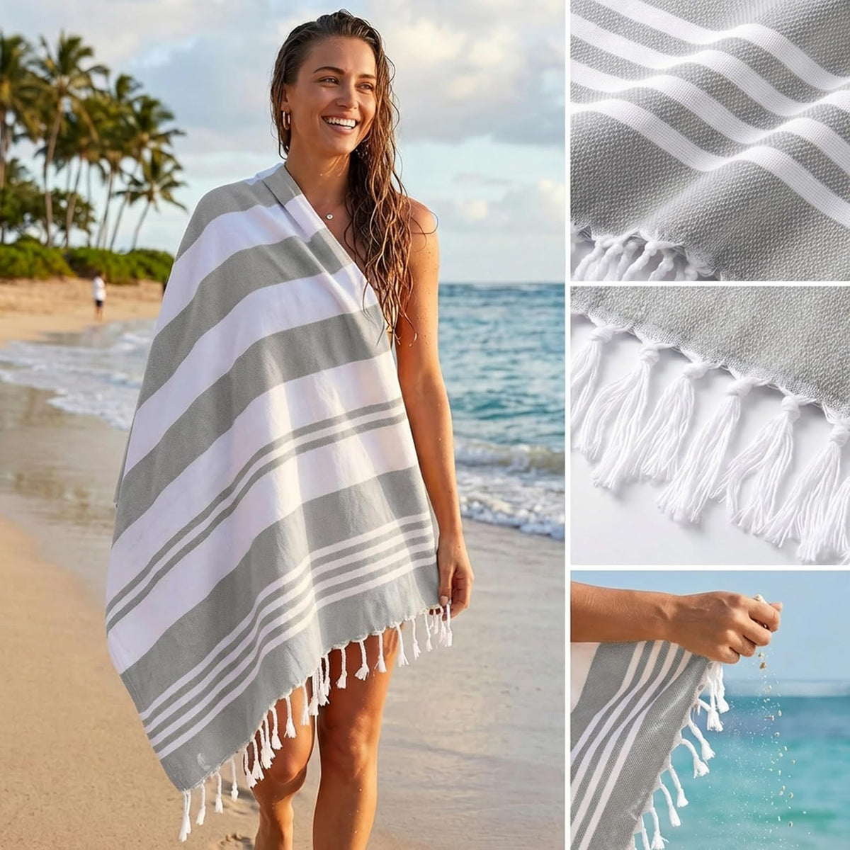 4 Pack Turkish Beach Towels, 40x72 in, 100% Cotton, Soft, Cool Grey