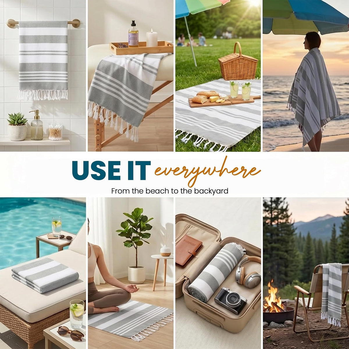 4 Pack Turkish Beach Towels, 40x72 in, 100% Cotton, Soft, Cool Grey