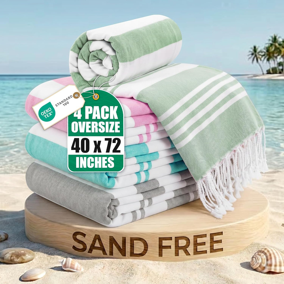 4 Pack Turkish Beach Towels, 40x72 in, 100% Cotton, Soft, Cool Grey