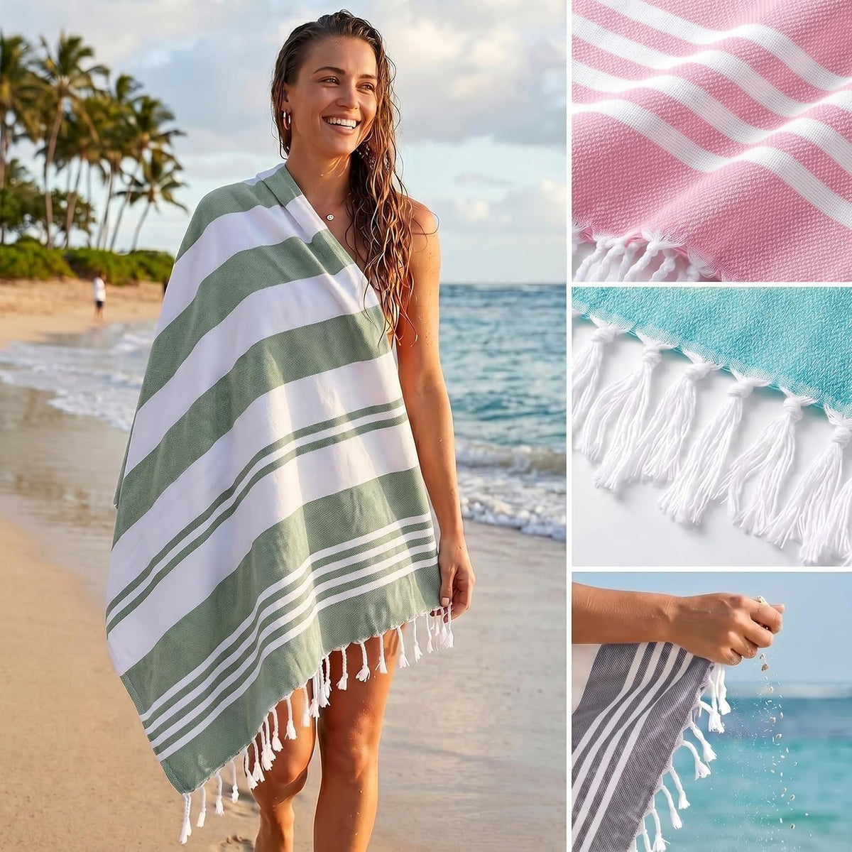 4 Pack Turkish Beach Towels, 40x72 in, 100% Cotton, Soft, Cool Grey