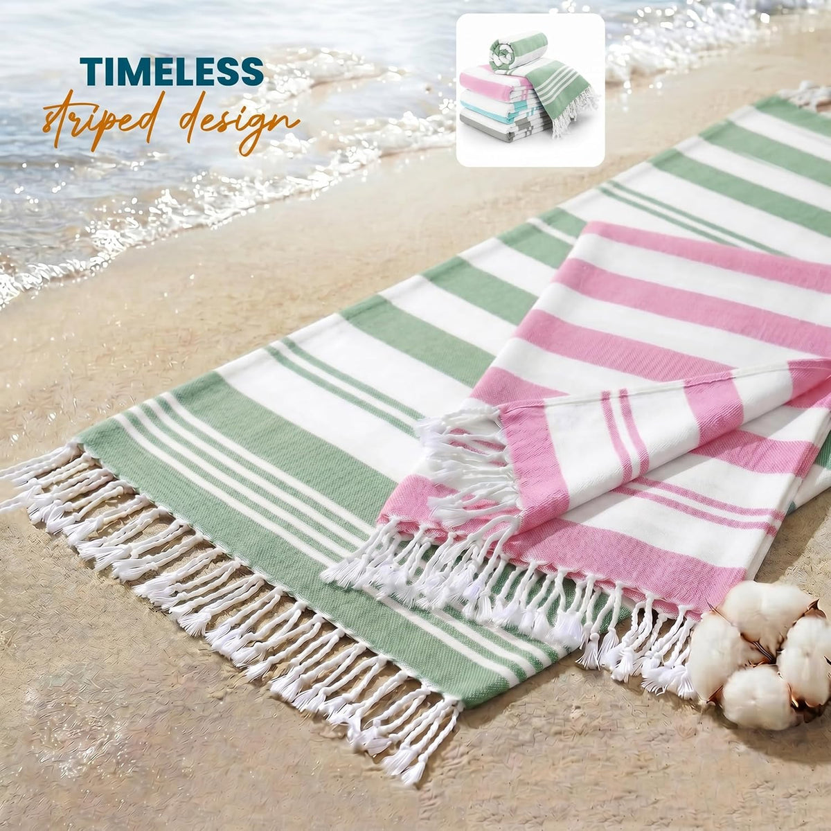 4 Pack Turkish Beach Towels, 40x72 in, 100% Cotton, Soft, Cool Grey