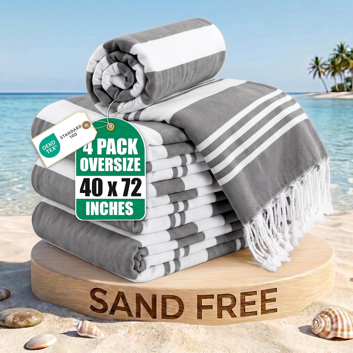 4 Pack Turkish Beach Towels, 40x72 in, 100% Cotton, Soft, Cool Grey