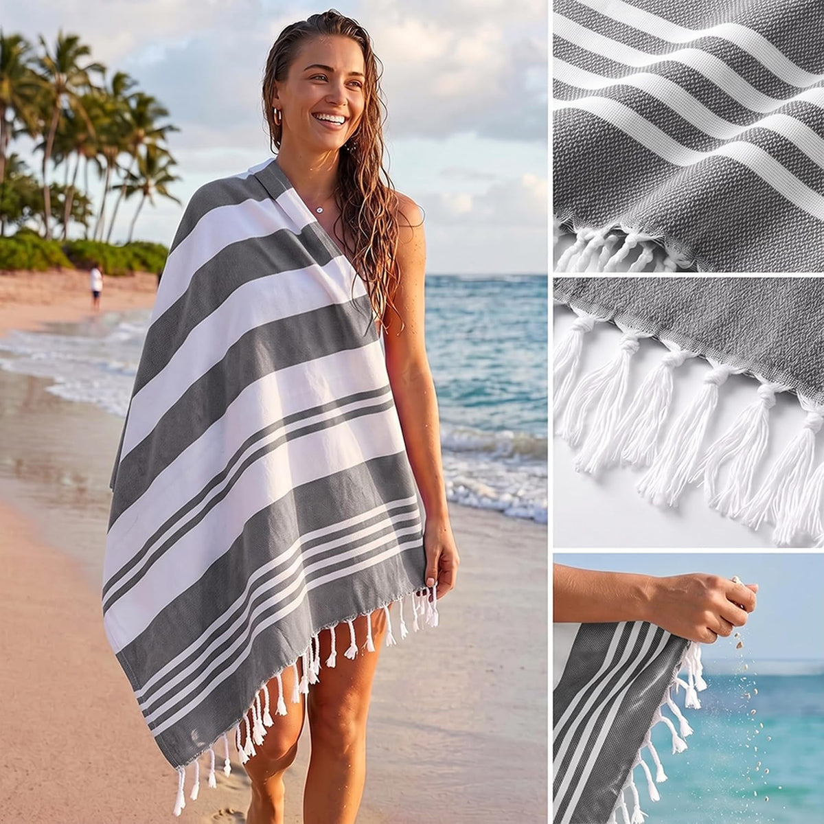 4 Pack Turkish Beach Towels, 40x72 in, 100% Cotton, Soft, Cool Grey