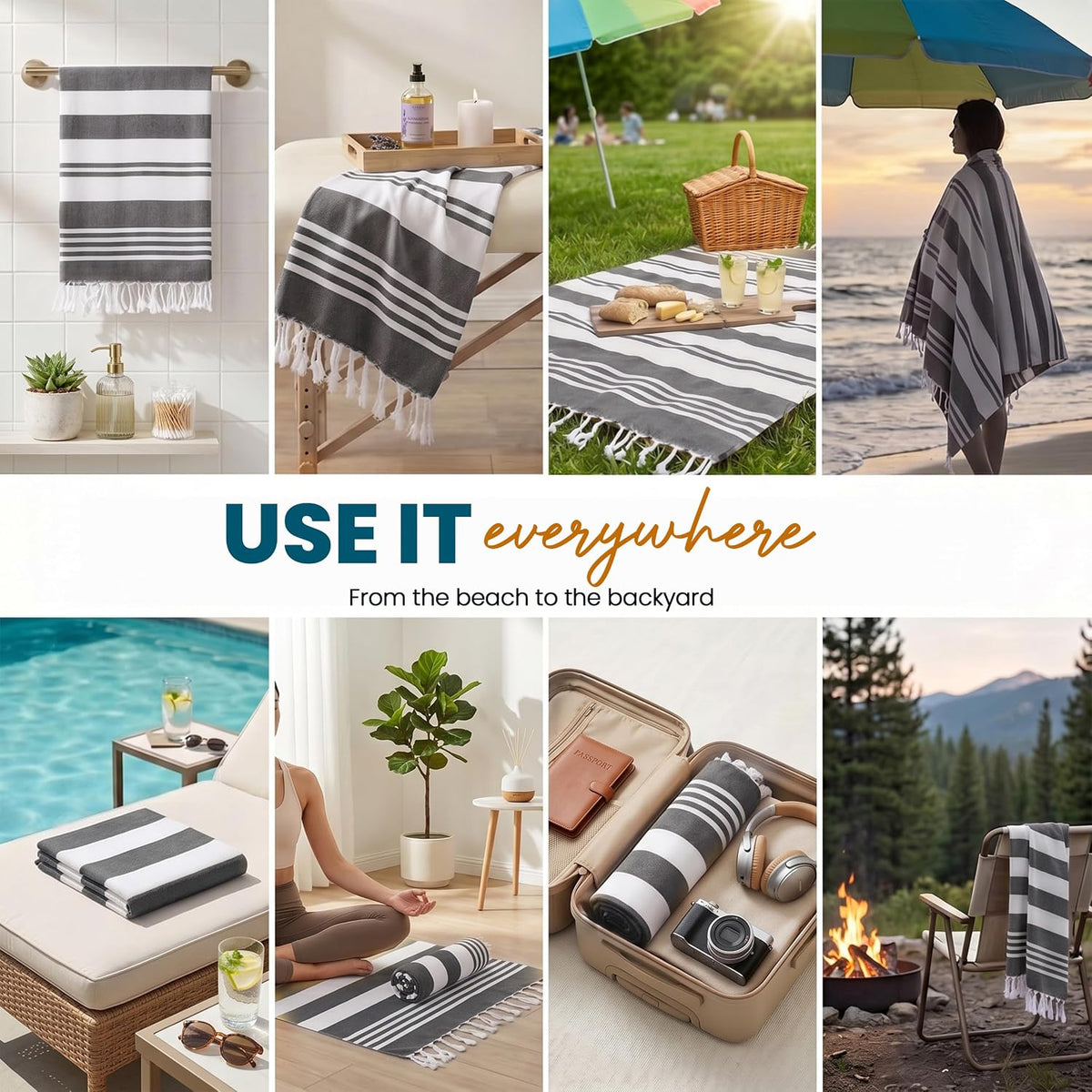 4 Pack Turkish Beach Towels, 40x72 in, 100% Cotton, Soft, Cool Grey
