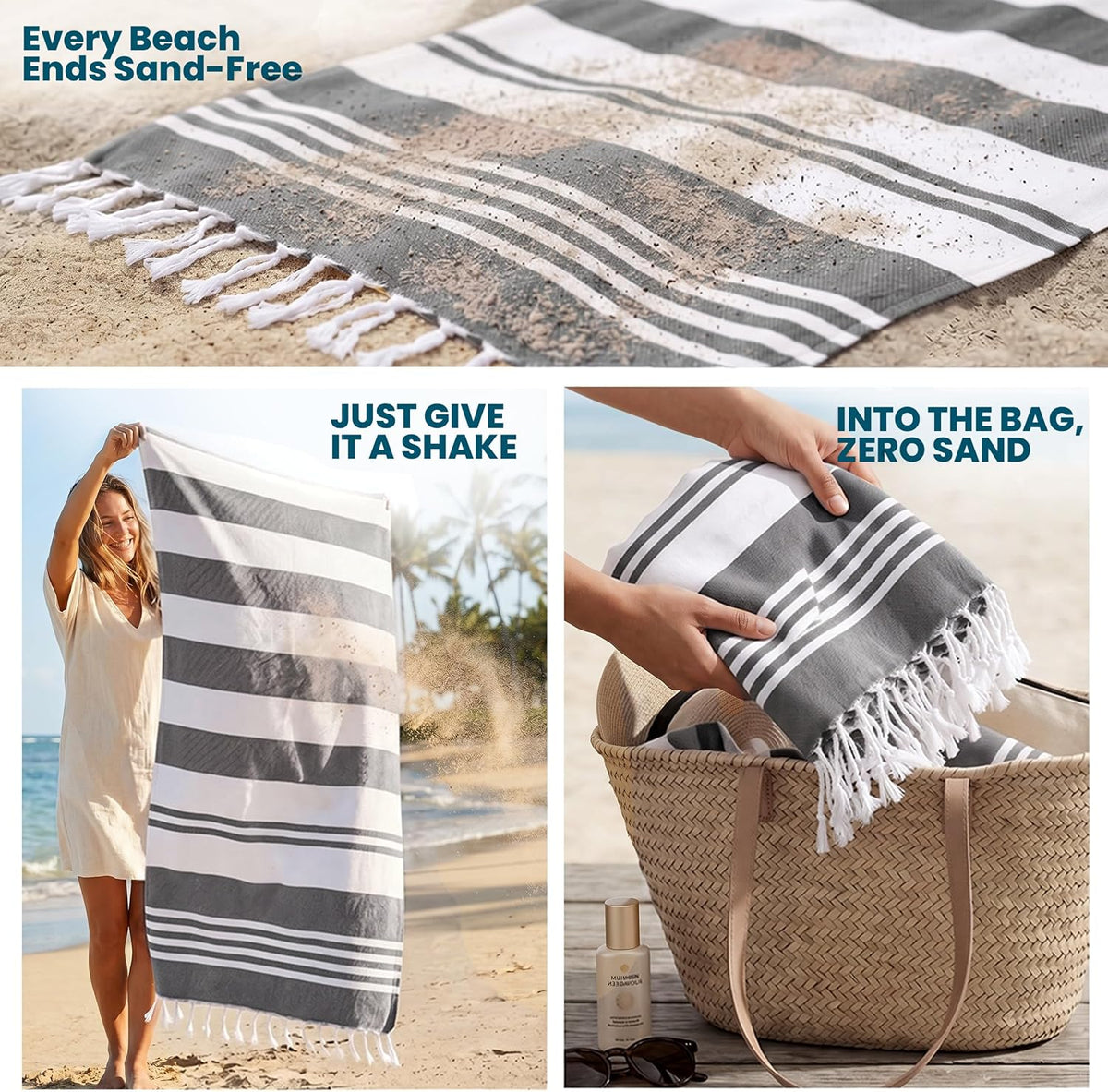 4 Pack Turkish Beach Towels, 40x72 in, 100% Cotton, Soft, Cool Grey