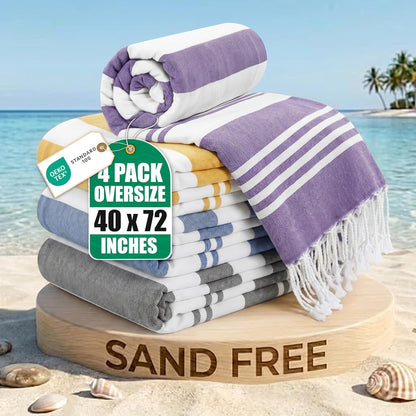 4 Pack Turkish Beach Towels, 40x72 in, 100% Cotton, Soft, Cool Grey