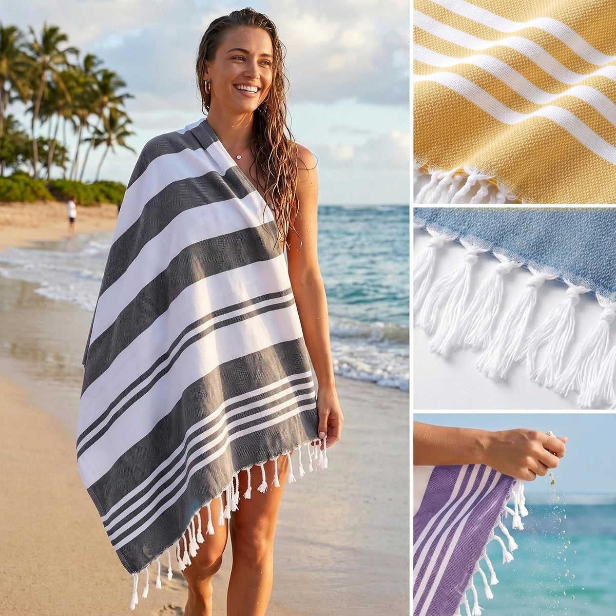 4 Pack Turkish Beach Towels, 40x72 in, 100% Cotton, Soft, Cool Grey