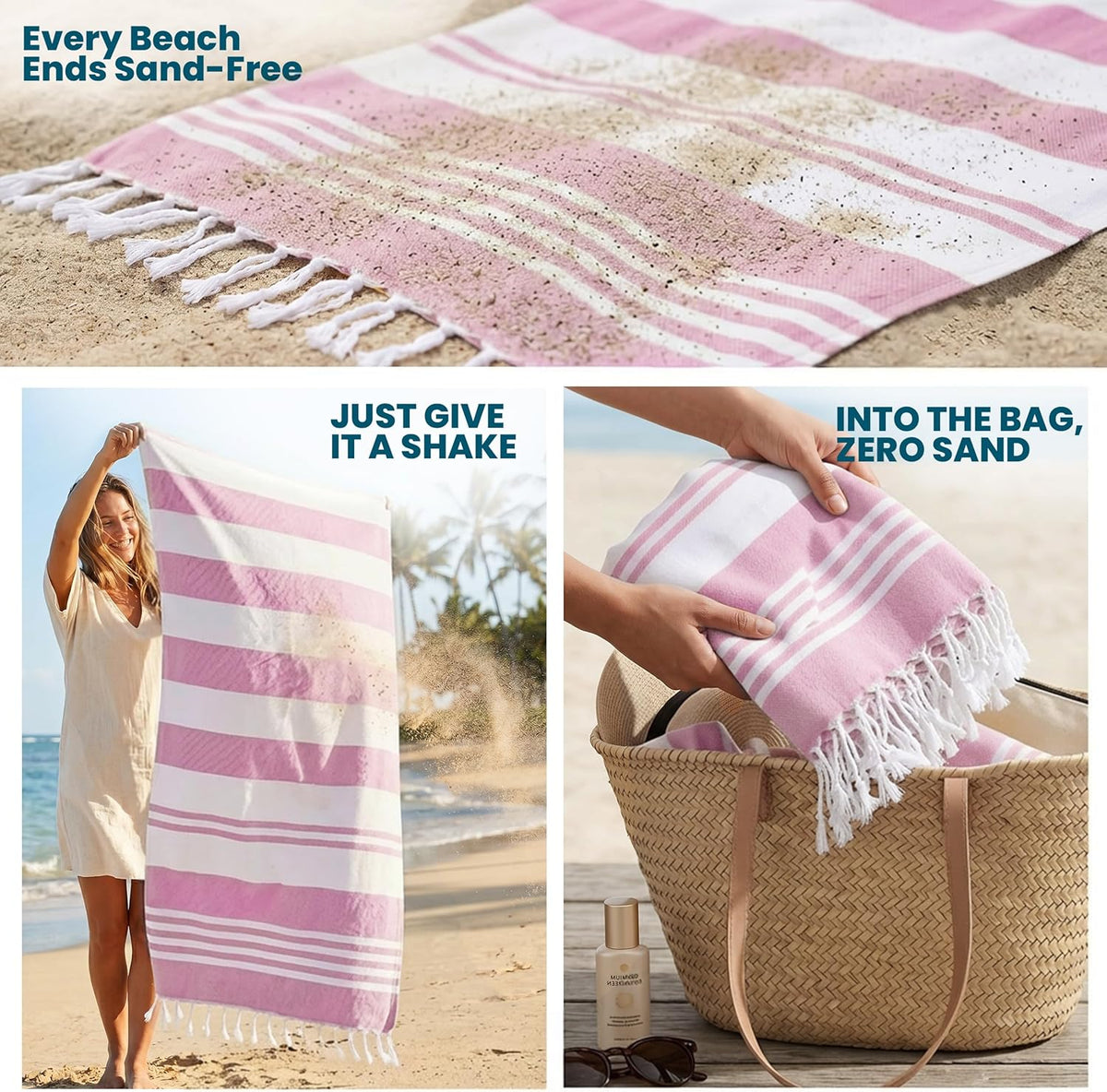 4 Pack Turkish Beach Towels, 40x72 in, 100% Cotton, Soft, Cool Grey