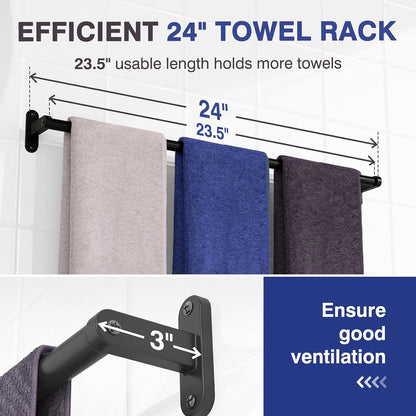 Matte Black 24" Towel Rack, Rustproof Wall Mounted Towel Bar