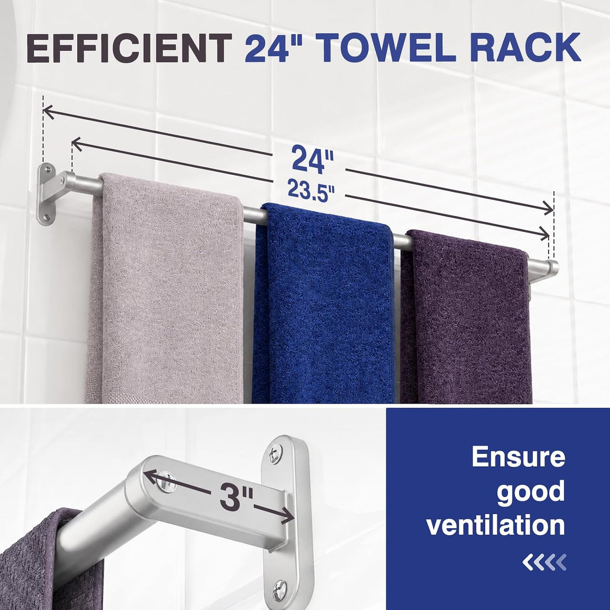 Matte Black 24" Towel Rack, Rustproof Wall Mounted Towel Bar