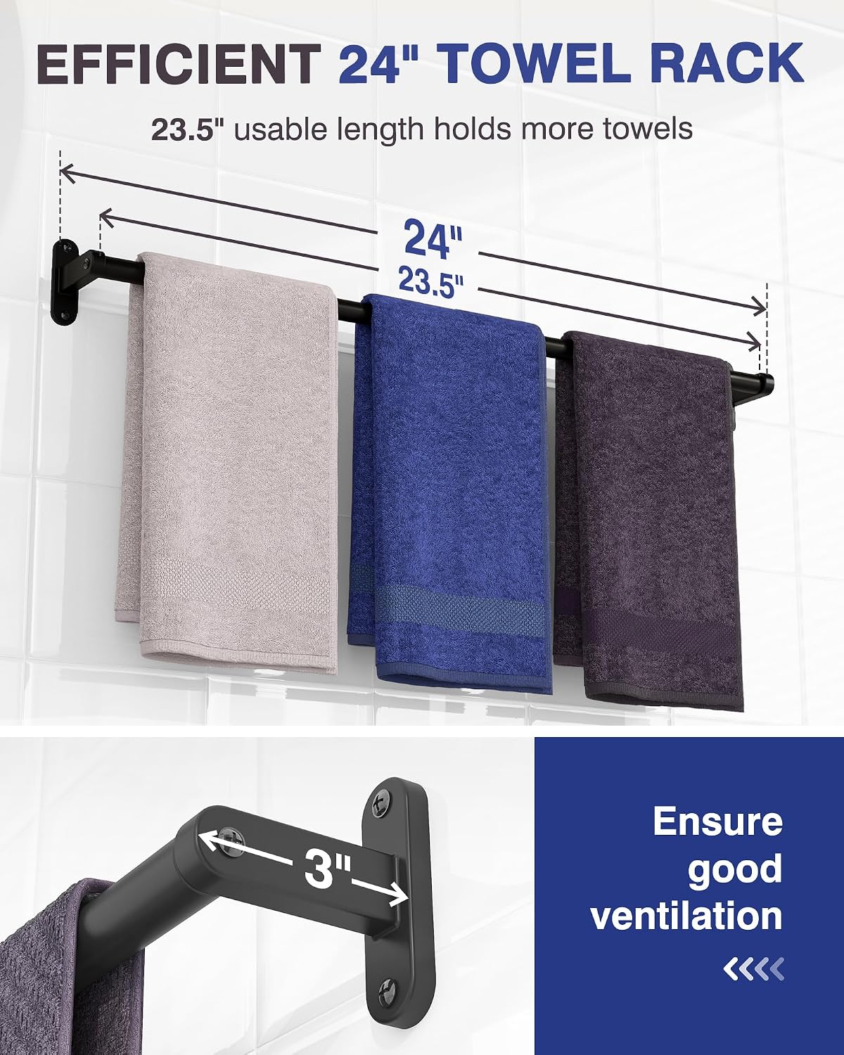 Matte Black 24" Towel Rack, Rustproof Wall Mounted Towel Bar