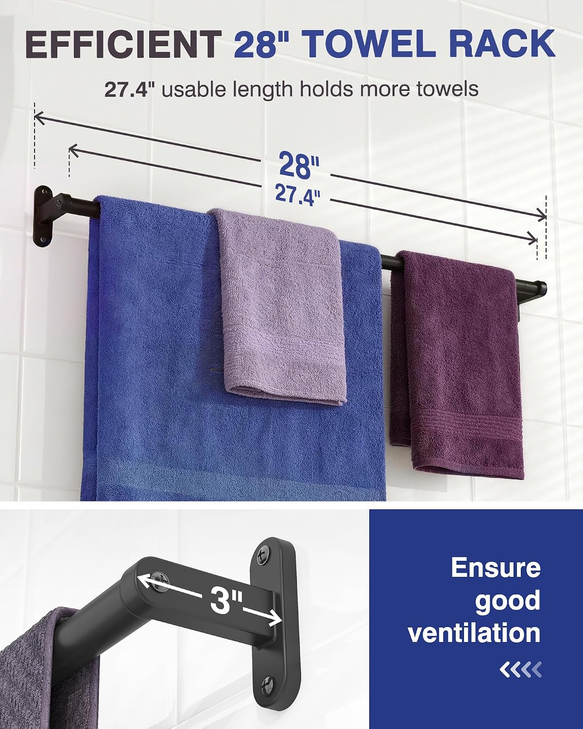Matte Black 24" Towel Rack, Rustproof Wall Mounted Towel Bar