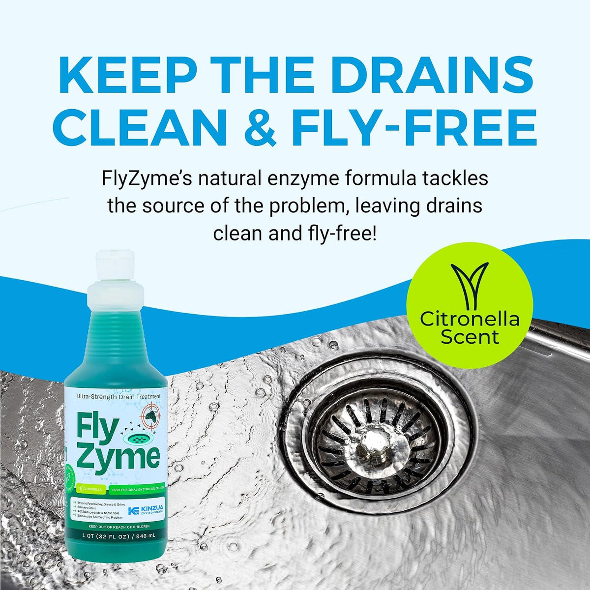 Fly-Zyme Enzyme Drain Cleaner Gel for Pipes, Fruit Flies & Odors, 32 fl oz