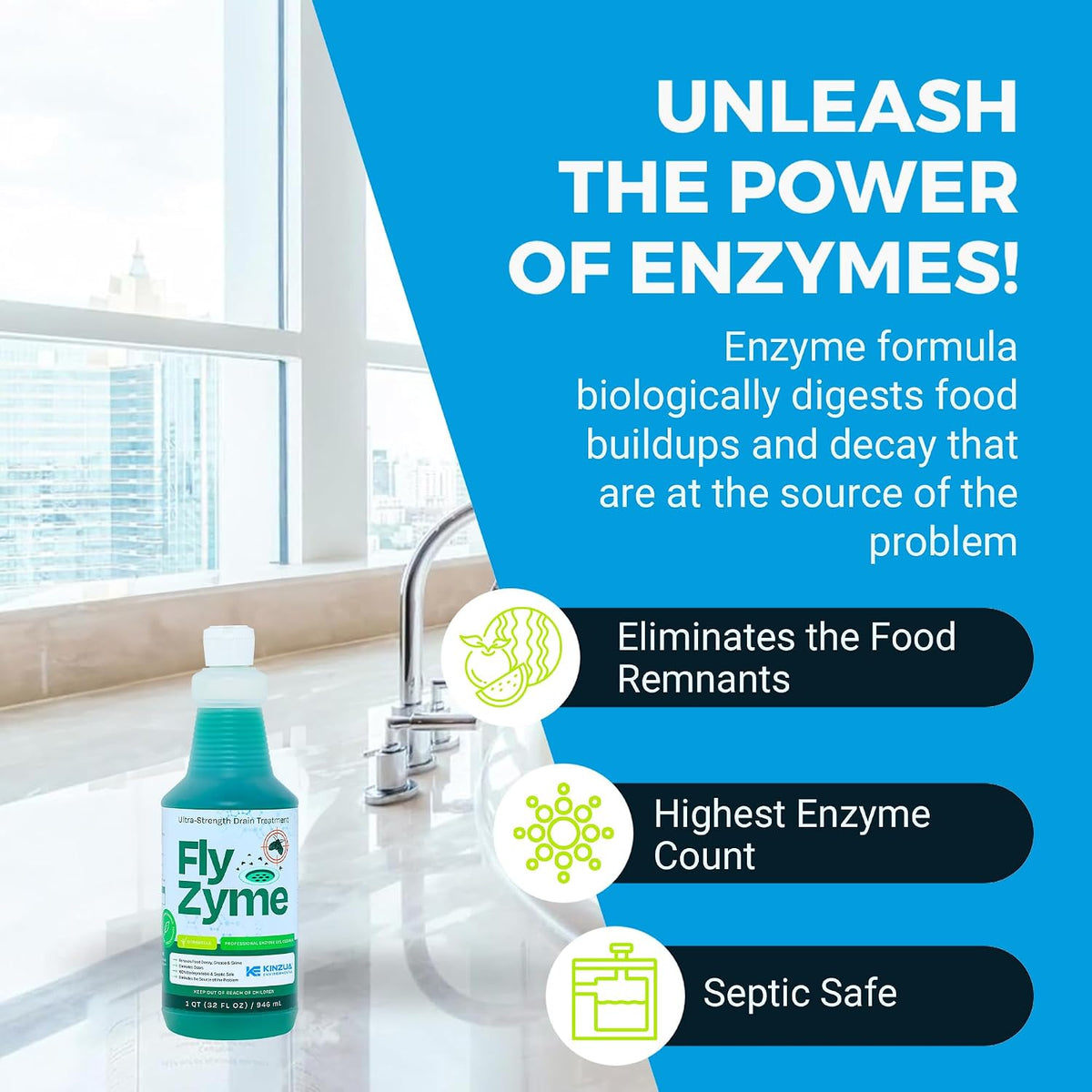 Fly-Zyme Enzyme Drain Cleaner Gel for Pipes, Fruit Flies & Odors, 32 fl oz