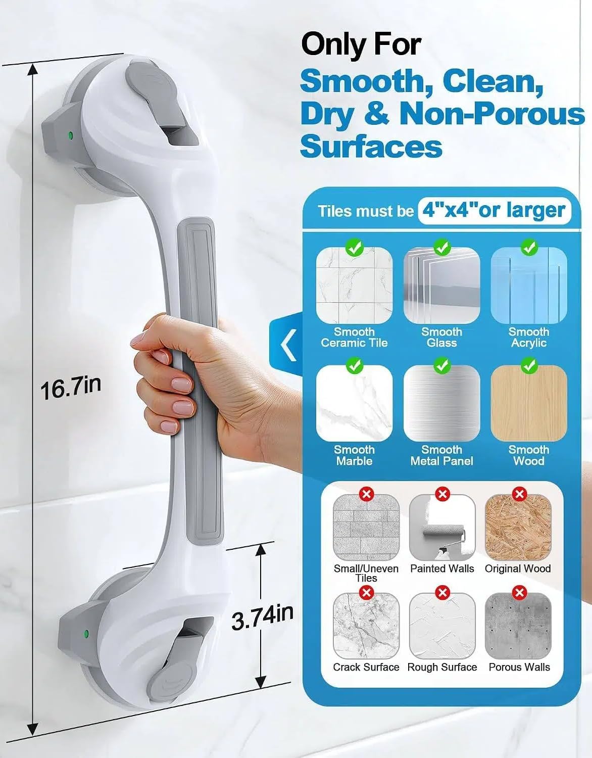 Shower Grab Bars for Seniors, 16.7" Suction Cup Shower Handles, 2Pack Grey