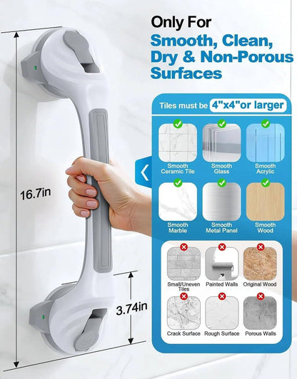 Shower Grab Bars for Seniors, 16.7" Suction Cup Shower Handles, 2Pack Grey