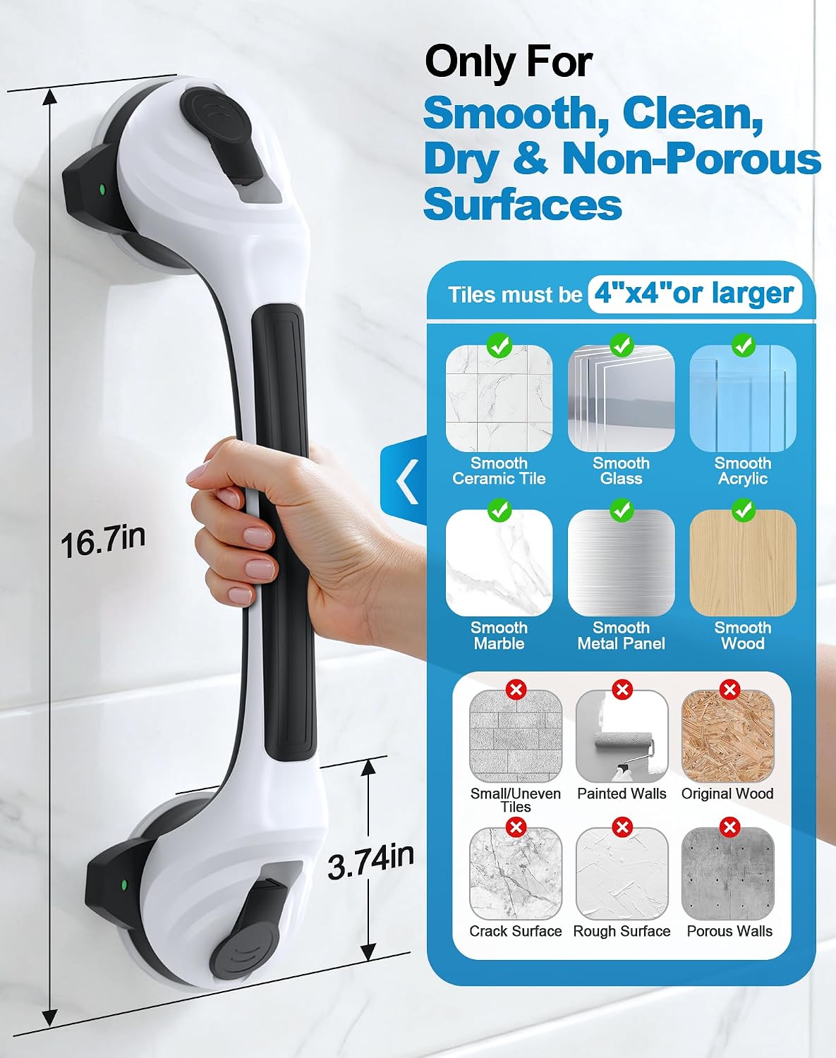 Shower Grab Bars for Seniors, 16.7" Suction Cup Shower Handles, 2Pack Grey