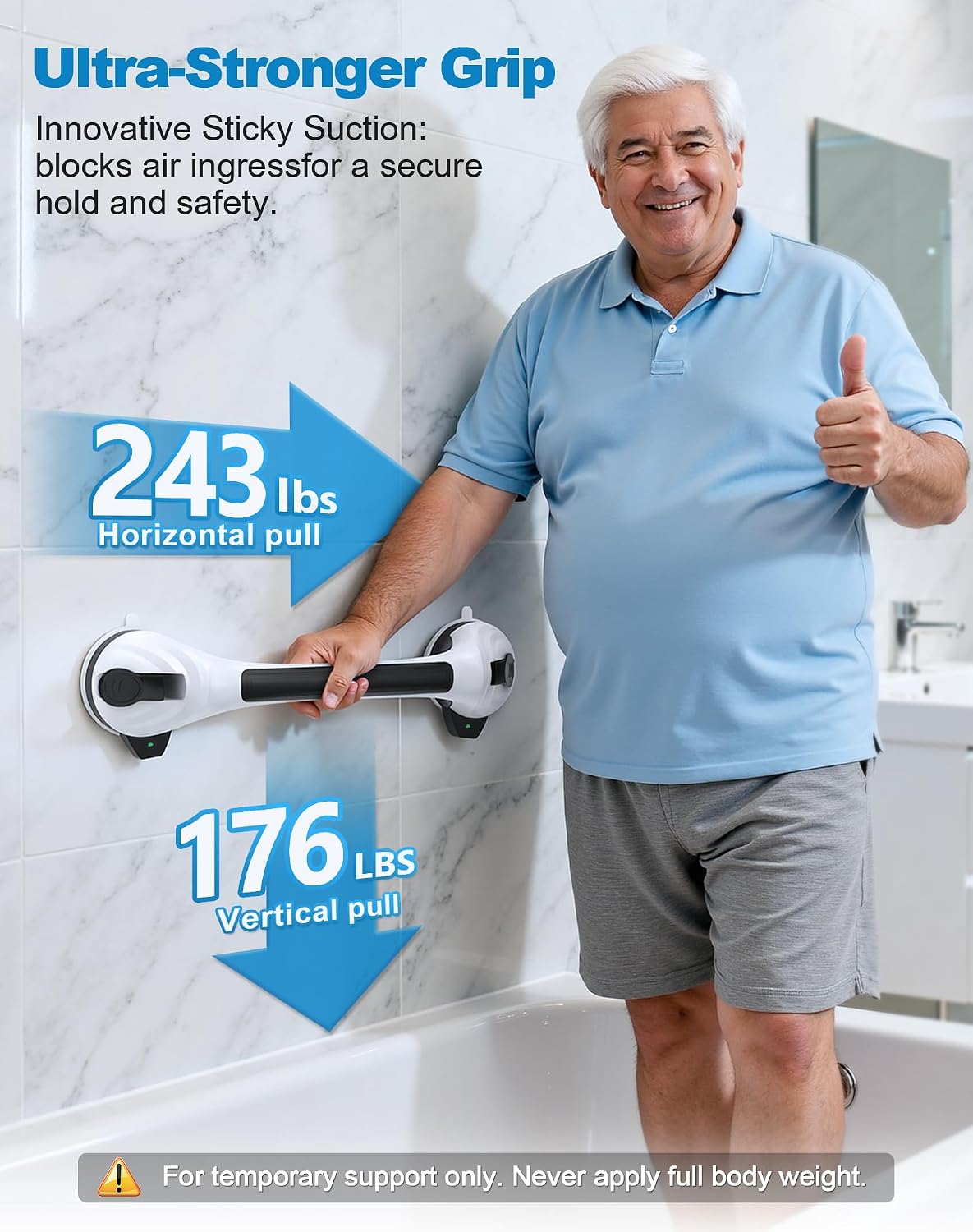 Shower Grab Bars for Seniors, 16.7" Suction Cup Shower Handles, 2Pack Grey