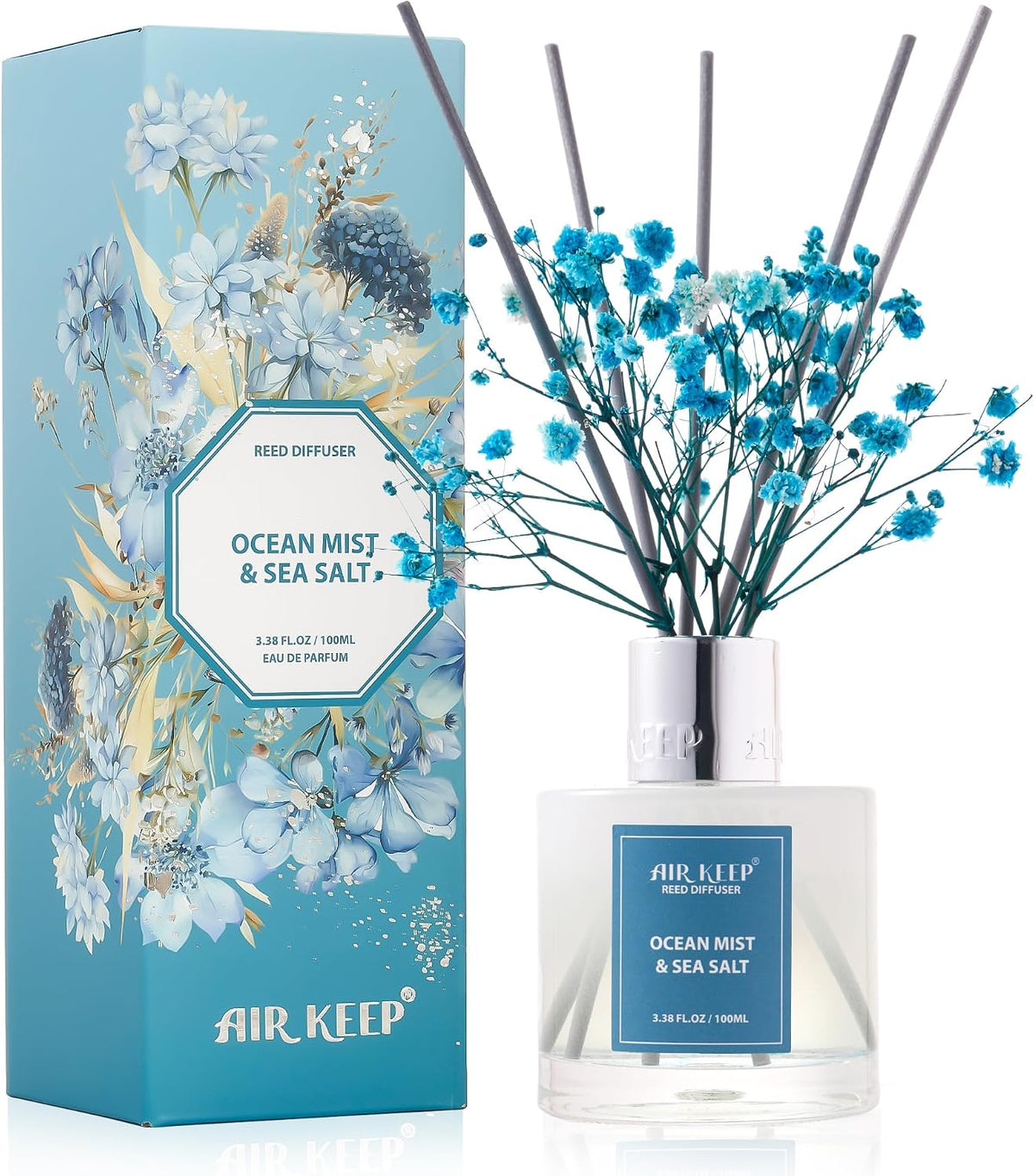 Reed Diffuser Set,3.38 fl oz (100 ml) - Ocean Mist&Sea Salt Oil Diffusers with 8 Reed Sticks,Home Fragrance Reed Diffuser for Bathroom Shelf Decor