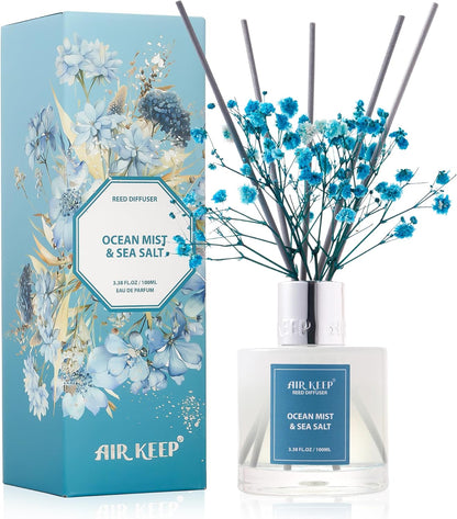 Reed Diffuser Set,3.38 fl oz (100 ml) - Ocean Mist&Sea Salt Oil Diffusers with 8 Reed Sticks,Home Fragrance Reed Diffuser for Bathroom Shelf Decor