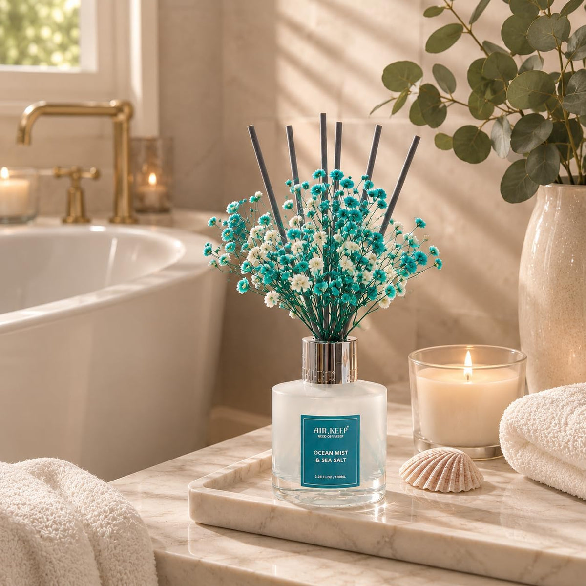 Reed Diffuser Set,3.38 fl oz (100 ml) - Ocean Mist&Sea Salt Oil Diffusers with 8 Reed Sticks,Home Fragrance Reed Diffuser for Bathroom Shelf Decor