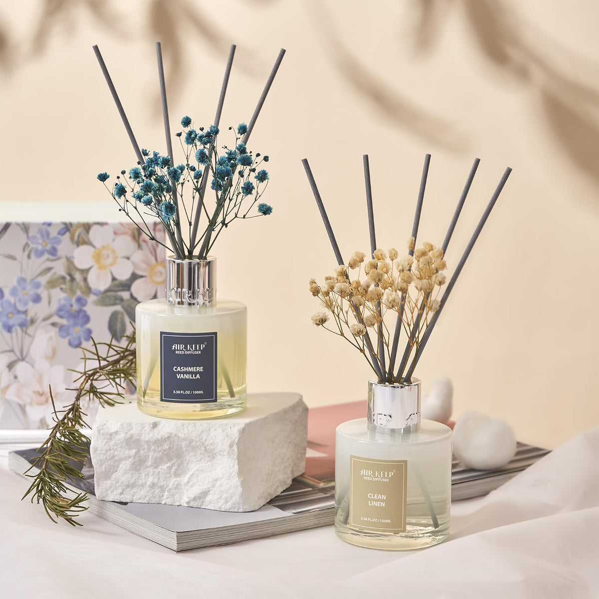 Reed Diffuser Set,3.38 fl oz (100 ml) - Ocean Mist&Sea Salt Oil Diffusers with 8 Reed Sticks,Home Fragrance Reed Diffuser for Bathroom Shelf Decor