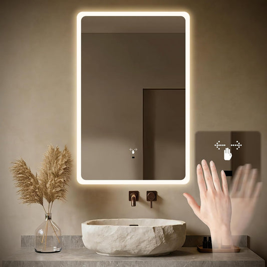 LED Bathroom Mirror, 16 x 24 Inch Anti-Fog Bathroom Mirror with Lights, Stepless Dimmable Lighted Bathroom Mirrors for Wall, Rectangle Bathroom Vanity Mirror with Front and Backlight, Vertically Only