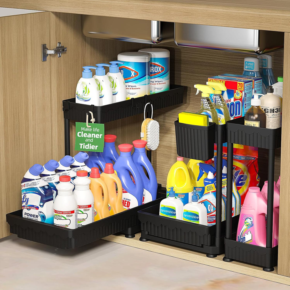 3-Pack 2-Tier L-Shaped Under Sink Organizers with Sliding Drawers