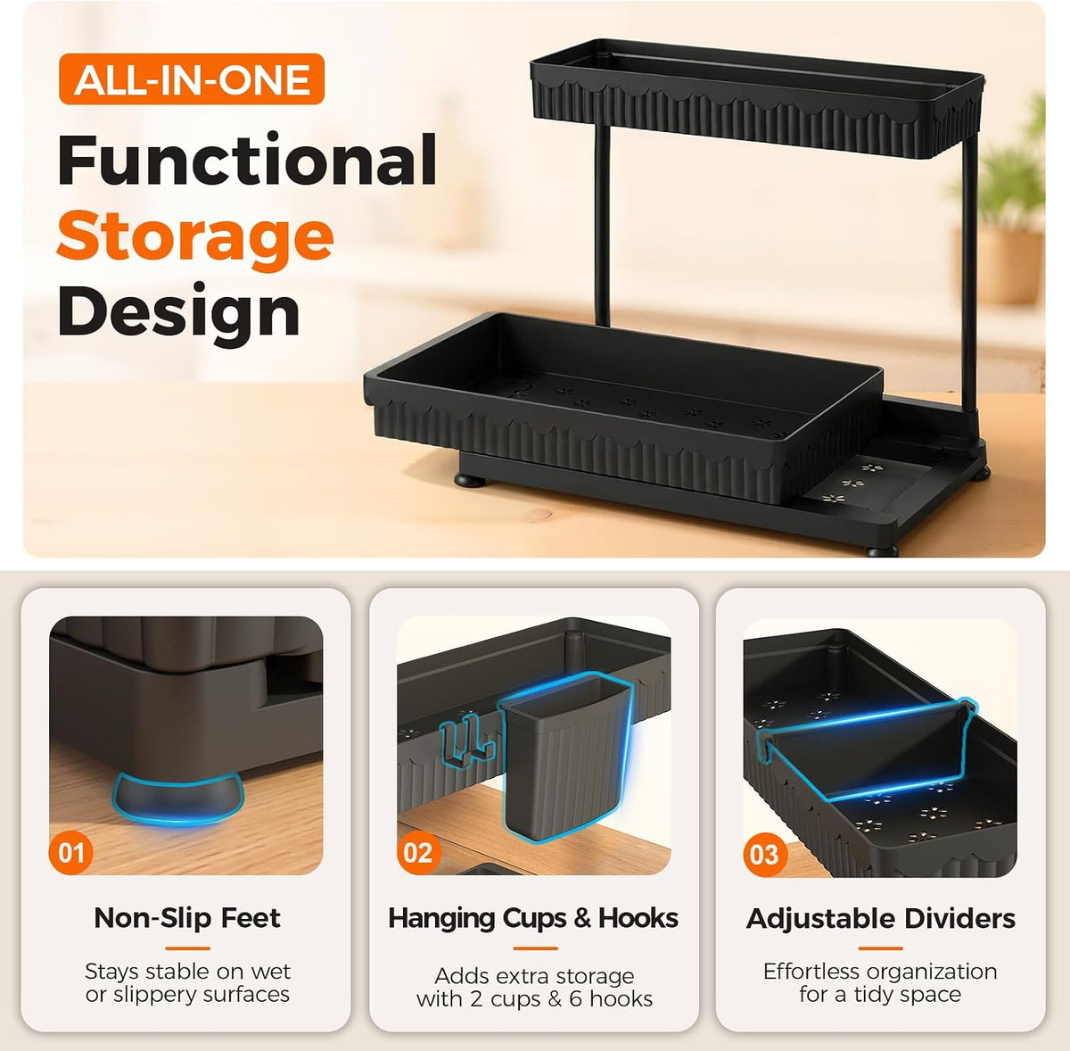 3-Pack 2-Tier L-Shaped Under Sink Organizers with Sliding Drawers