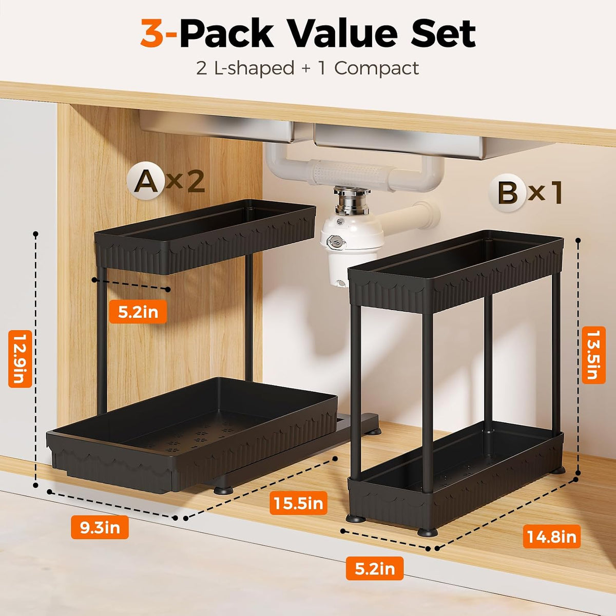 3-Pack 2-Tier L-Shaped Under Sink Organizers with Sliding Drawers