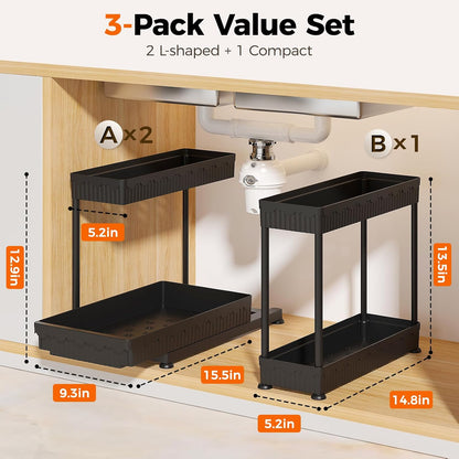 3-Pack 2-Tier L-Shaped Under Sink Organizers with Sliding Drawers