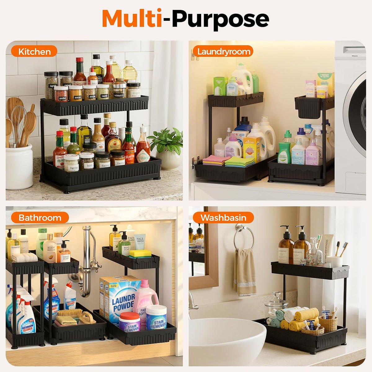 3-Pack 2-Tier L-Shaped Under Sink Organizers with Sliding Drawers