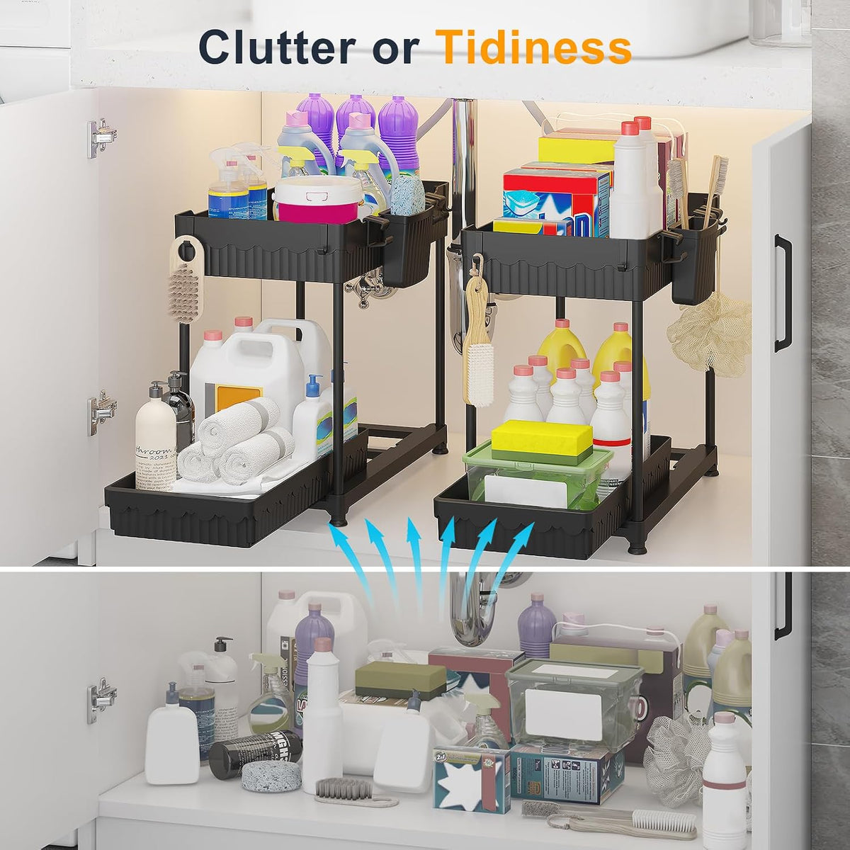 3-Pack 2-Tier L-Shaped Under Sink Organizers with Sliding Drawers