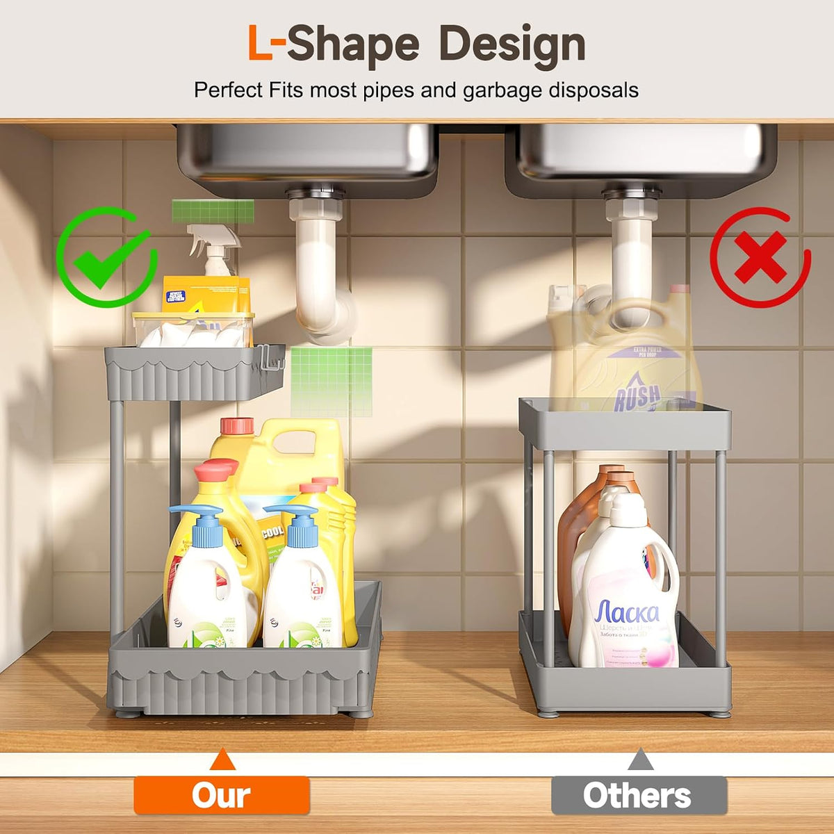3-Pack 2-Tier L-Shaped Under Sink Organizers with Sliding Drawers