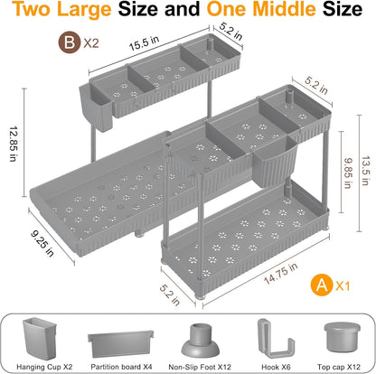 3-Pack 2-Tier L-Shaped Under Sink Organizers with Sliding Drawers