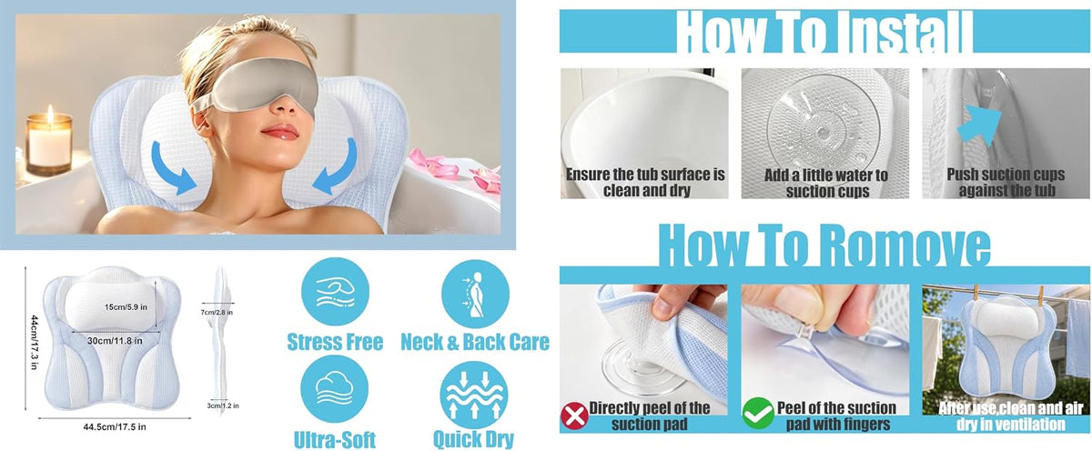 Blue White Bath Bathtub Pillow Spa Pillows for Tub.