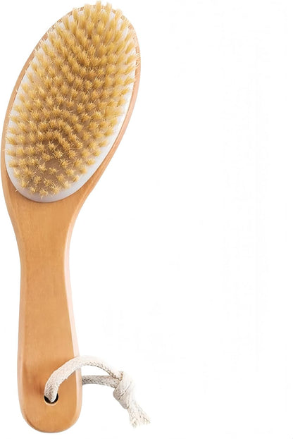 Dry Brushing Body Brush with Handle, Natural Bristle Exfoliating Brush | Dry Scrub Brush with Contoured Wooden Handle for Smooth Skin,Supports Lymphatic Drainage,Blood Circulation,Cellulite Massage