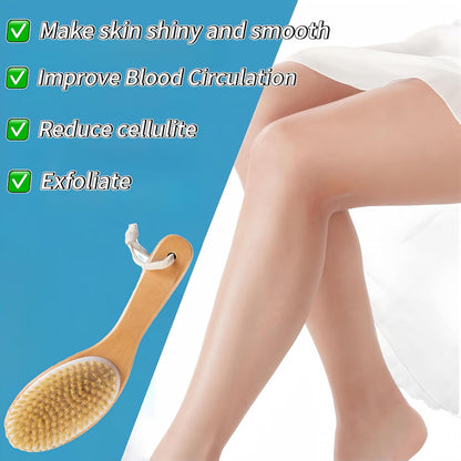 Dry Brushing Body Brush with Handle, Natural Bristle Exfoliating Brush | Dry Scrub Brush with Contoured Wooden Handle for Smooth Skin,Supports Lymphatic Drainage,Blood Circulation,Cellulite Massage