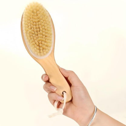 Dry Brushing Body Brush with Handle, Natural Bristle Exfoliating Brush | Dry Scrub Brush with Contoured Wooden Handle for Smooth Skin,Supports Lymphatic Drainage,Blood Circulation,Cellulite Massage