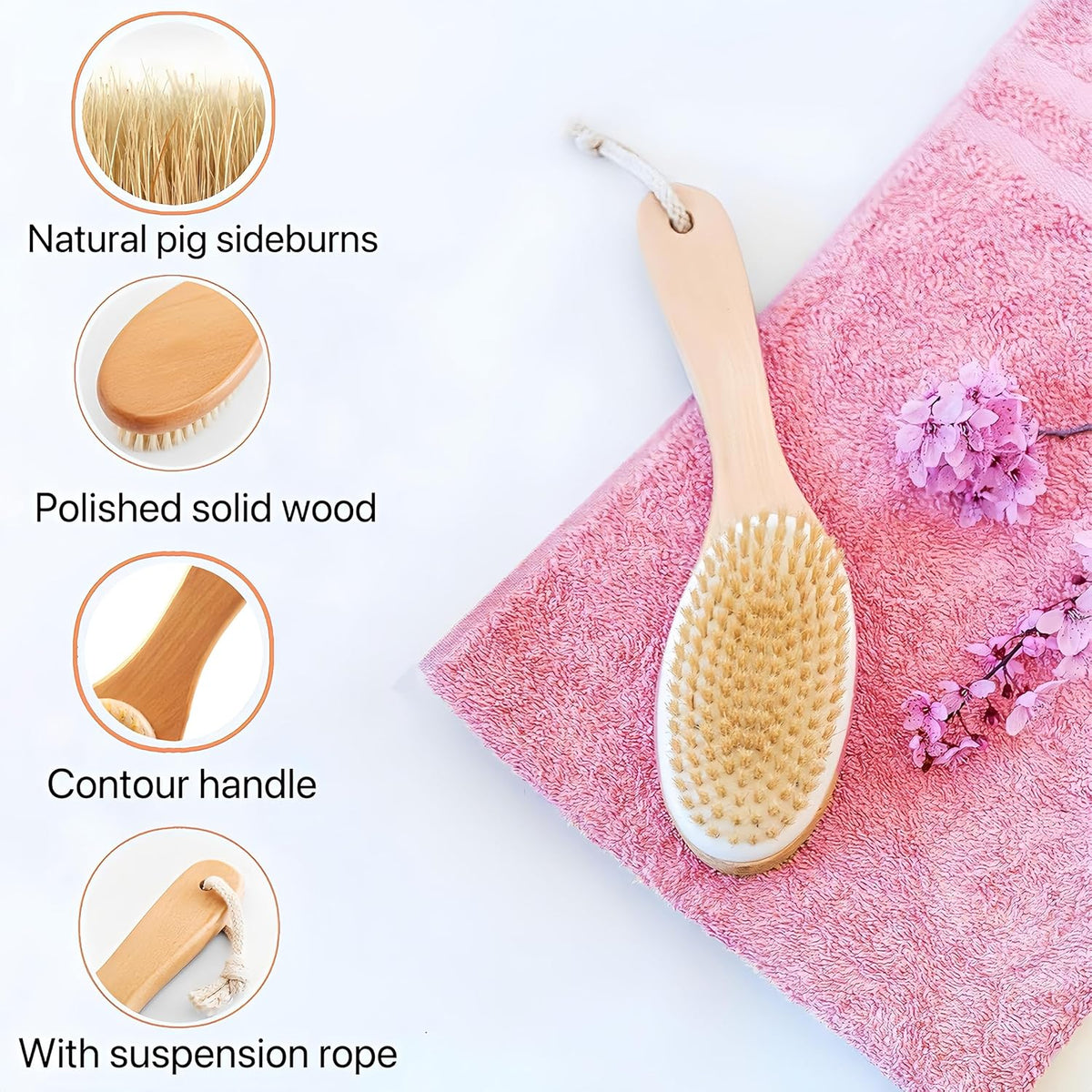 Dry Brushing Body Brush with Handle, Natural Bristle Exfoliating Brush | Dry Scrub Brush with Contoured Wooden Handle for Smooth Skin,Supports Lymphatic Drainage,Blood Circulation,Cellulite Massage