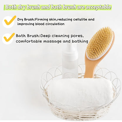Dry Brushing Body Brush with Handle, Natural Bristle Exfoliating Brush | Dry Scrub Brush with Contoured Wooden Handle for Smooth Skin,Supports Lymphatic Drainage,Blood Circulation,Cellulite Massage