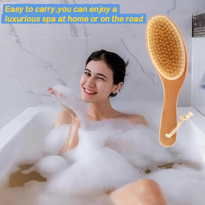 Dry Brushing Body Brush with Handle, Natural Bristle Exfoliating Brush | Dry Scrub Brush with Contoured Wooden Handle for Smooth Skin,Supports Lymphatic Drainage,Blood Circulation,Cellulite Massage