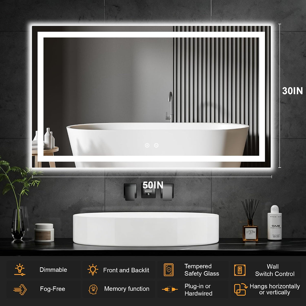30x50 LED Bathroom Mirror with Lights, Lighted Vanity Mirror for Wall